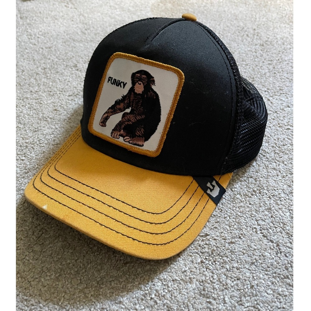 Goorin Bros Funky Monkey Trucker Hat Black Yellow Mesh Snapback Cap Patch - Picture 1 of 4